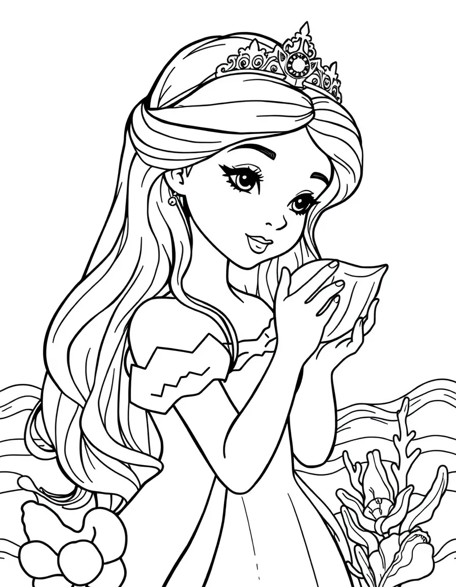 A princess listening to a seashell, hearing the ocean's whispers.