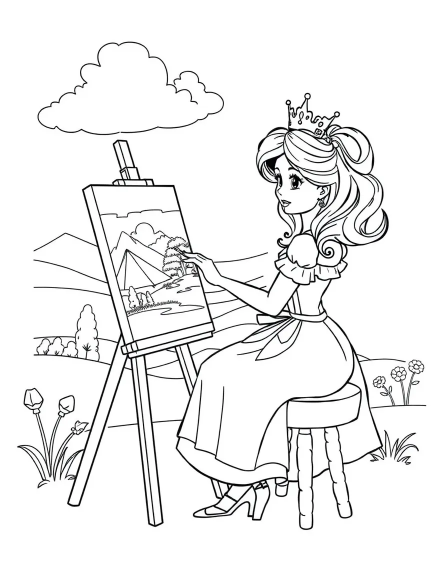 A princess painting a beautiful landscape, sitting on a stool with an easel.