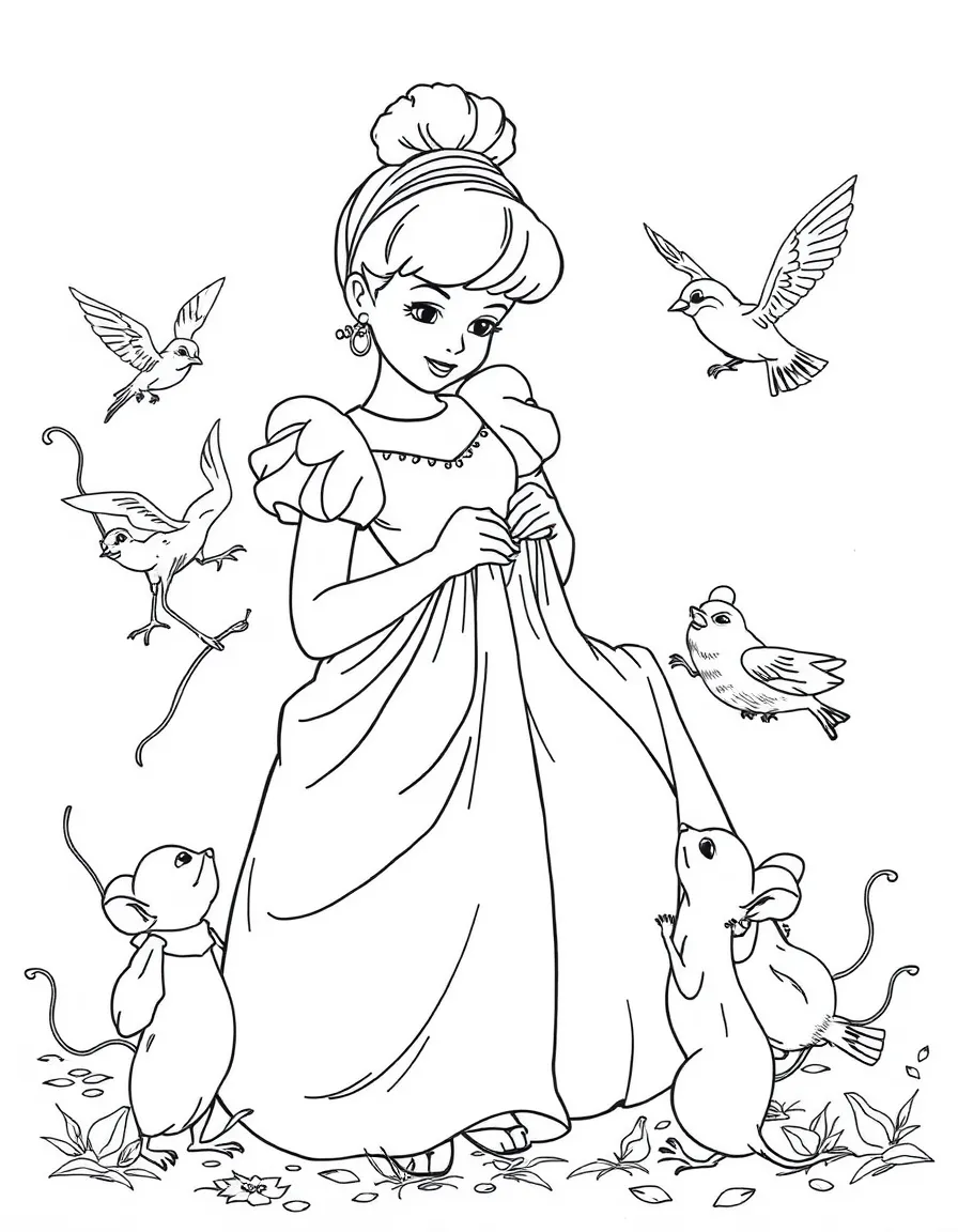 Cinderella in her rags, surrounded by friendly mice and birds, mending a dress.