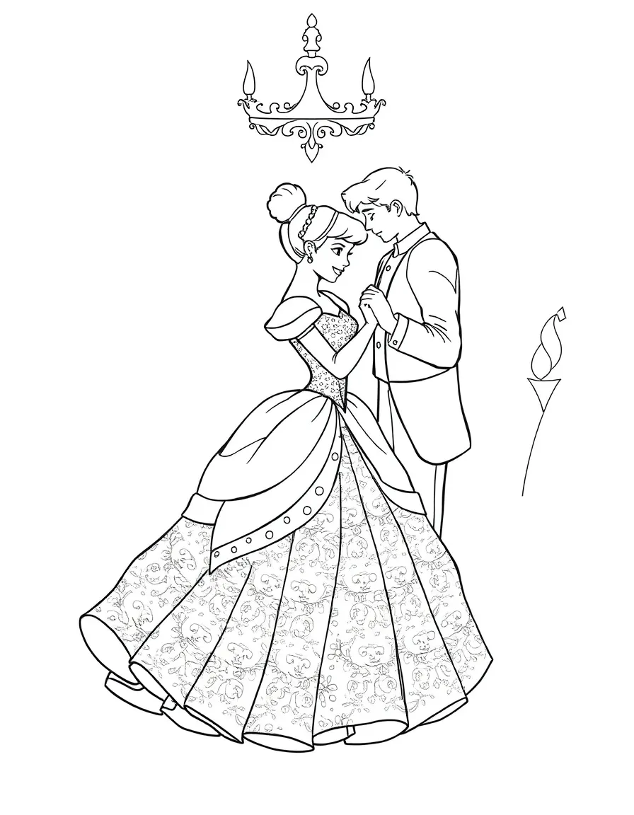 Cinderella at the ball, transformed in her glittering gown, dancing with Prince Charming.