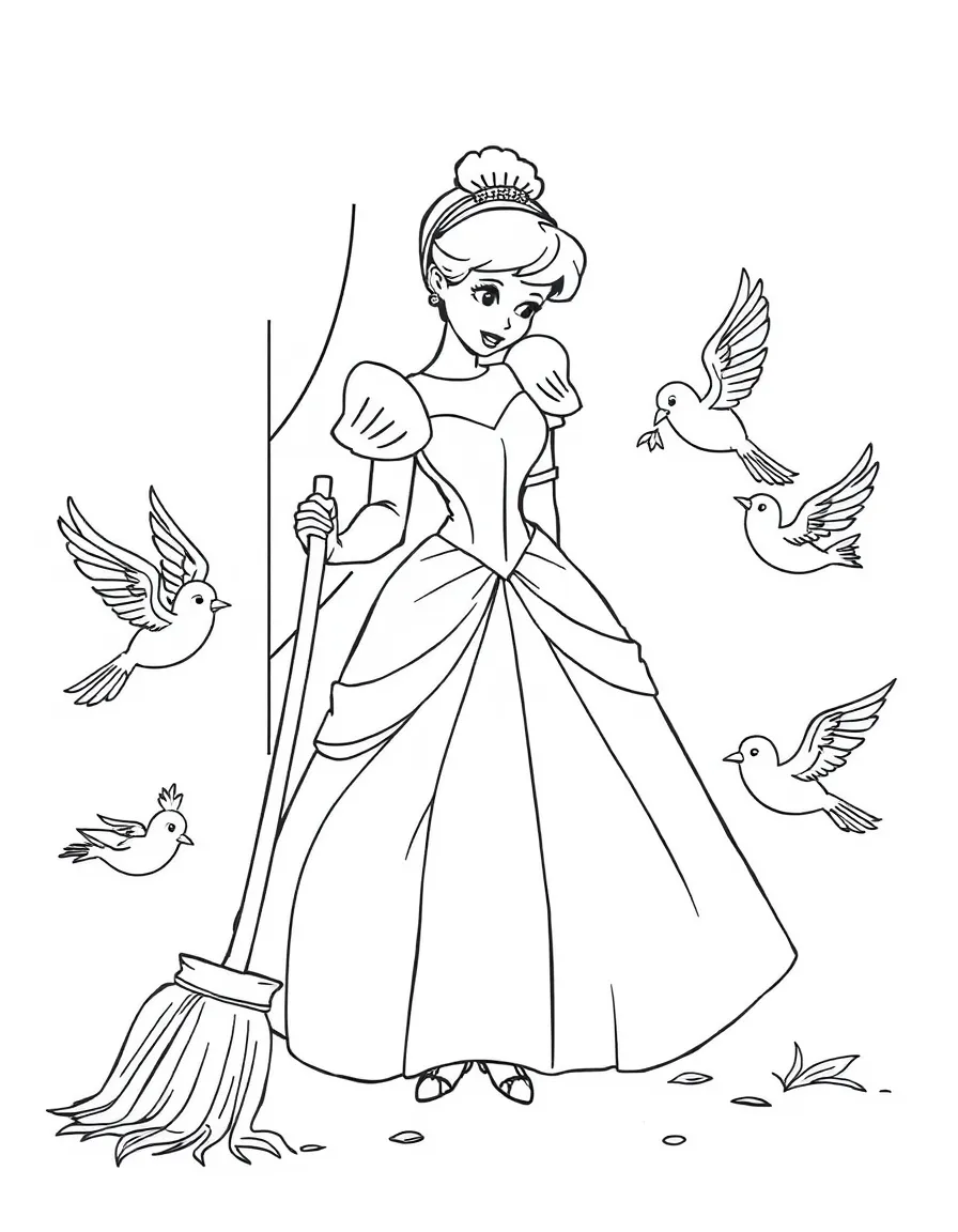 Cinderella being helped by the birds to do her chores, sweeping and dusting.