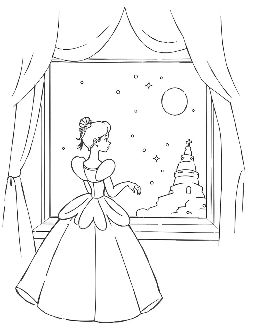 Cinderella dreaming of attending the ball, looking out her window.