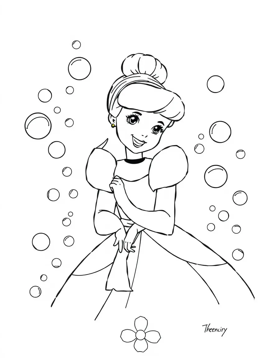 Cinderella surrounded by bubbles as she cleans, a happy expression on her face.
