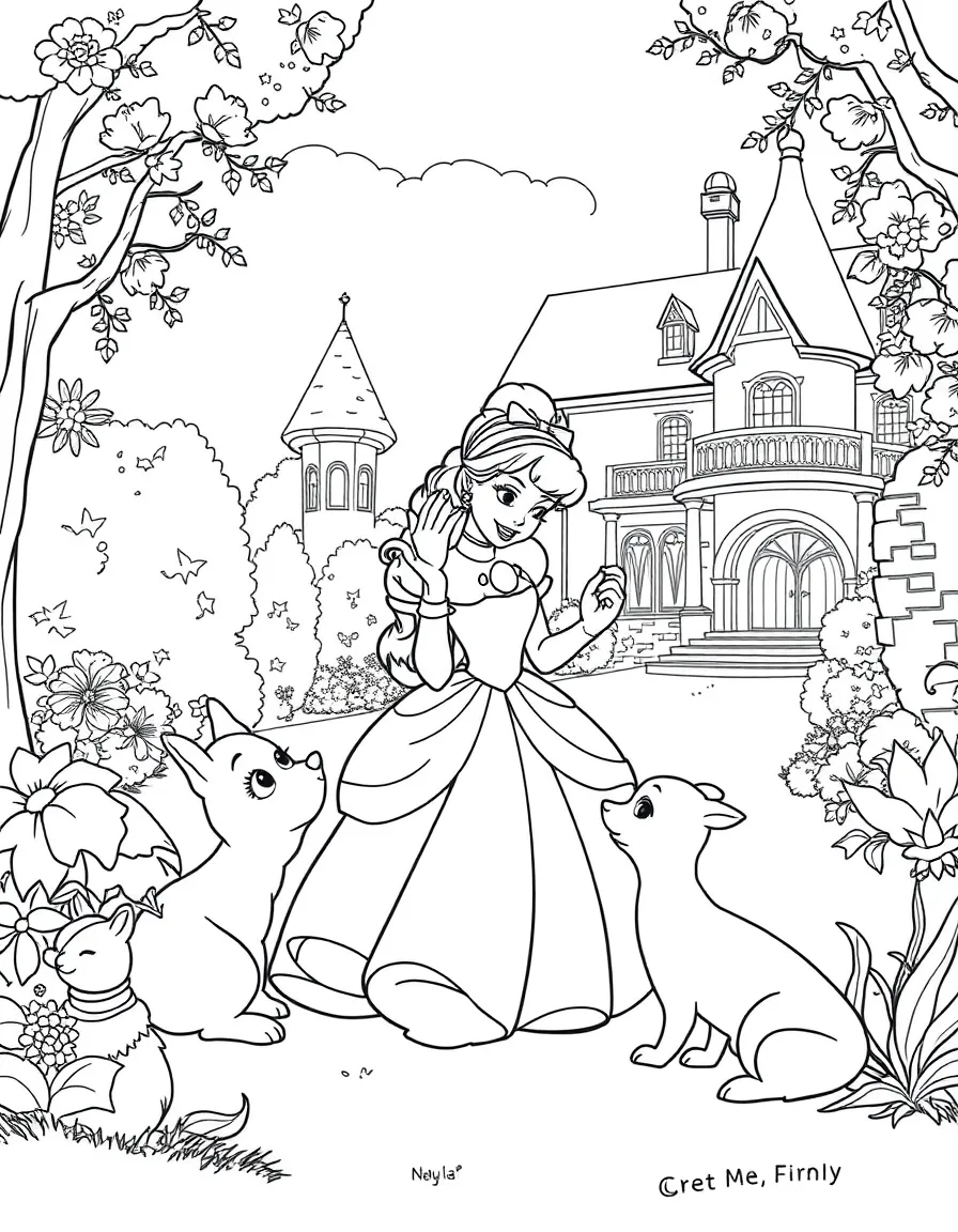 Cinderella playing with her animal friends in the backyard of the mansion.