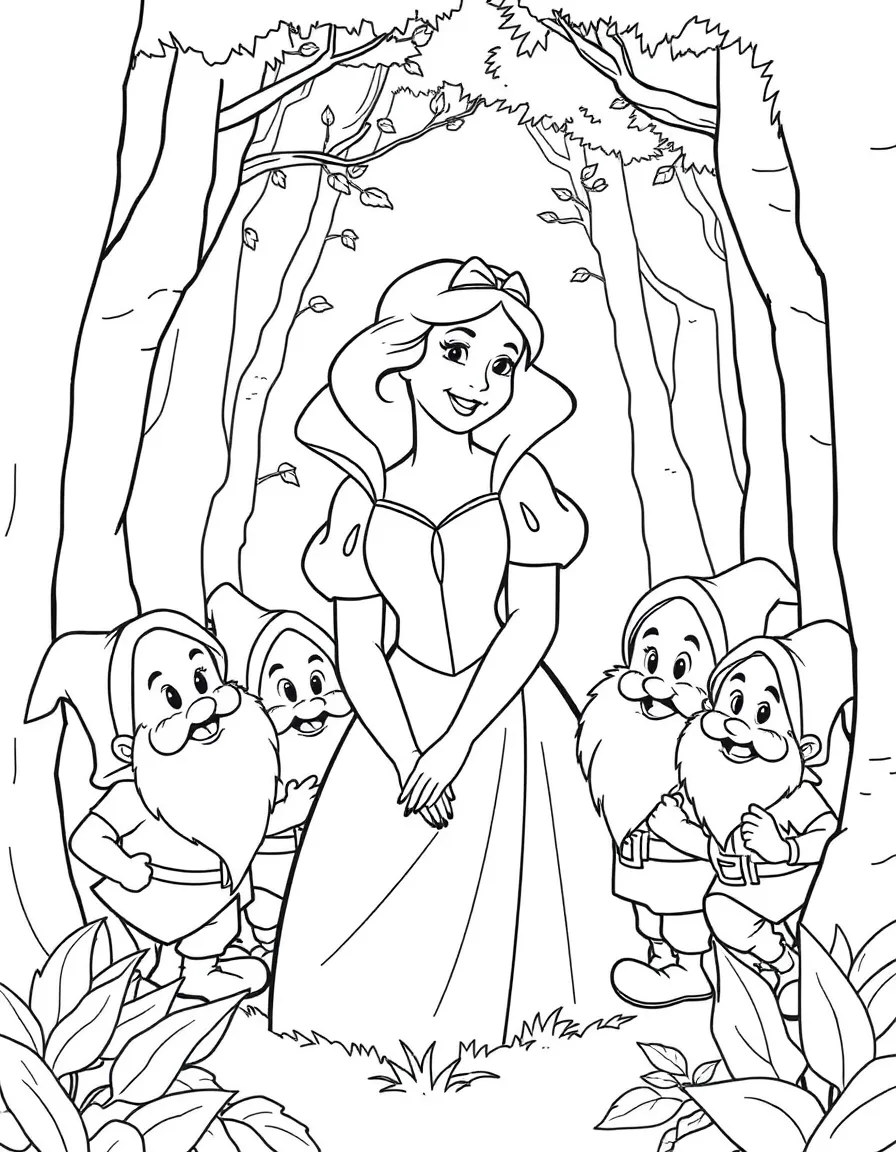 Snow White in the forest, surrounded by the Seven Dwarfs, smiling warmly.