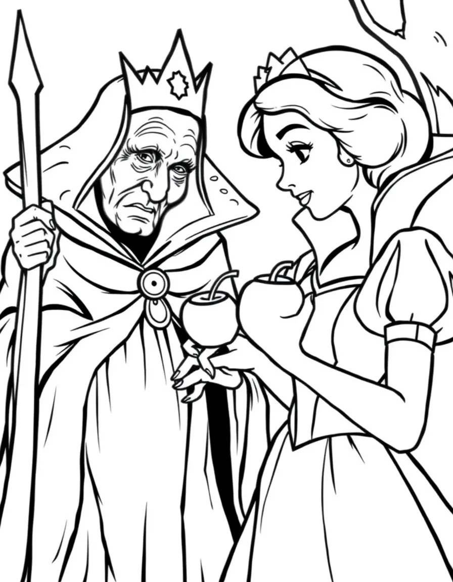 Snow White holding a poisoned apple, looking at the Evil Queen disguised as an old hag.