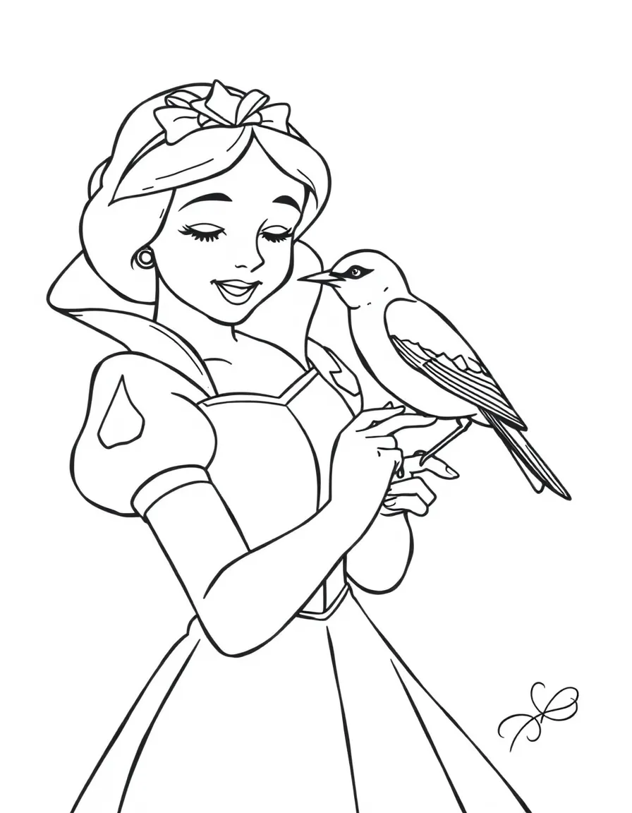 Snow White with a bluebird perched on her finger, singing sweetly.