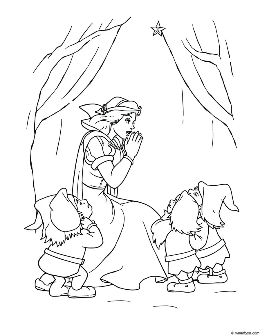 Snow White being woken by the Prince's kiss, surrounded by the dwarfs.