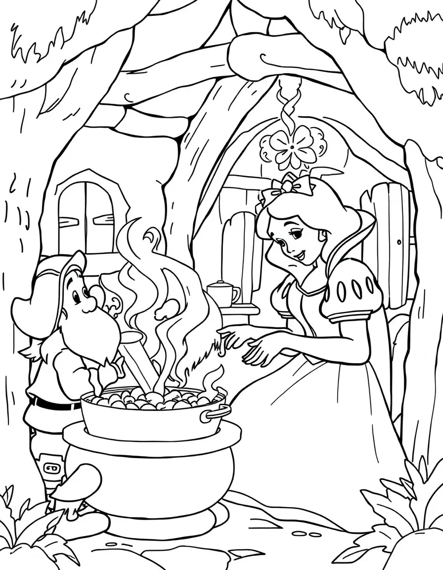 Snow White cooking for the dwarfs in their cozy cottage, with a stew bubbling.
