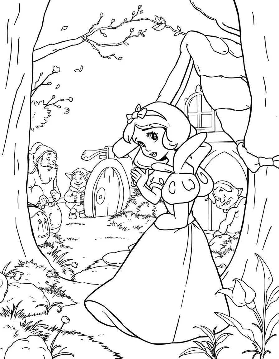 Snow White finding the dwarfs' cottage, looking curious and a little tired.
