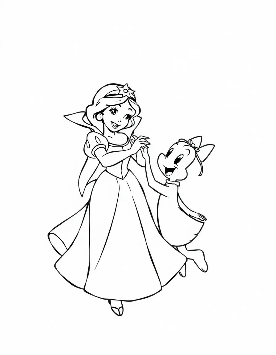 Snow White dancing with Dopey, looking joyful and lighthearted.