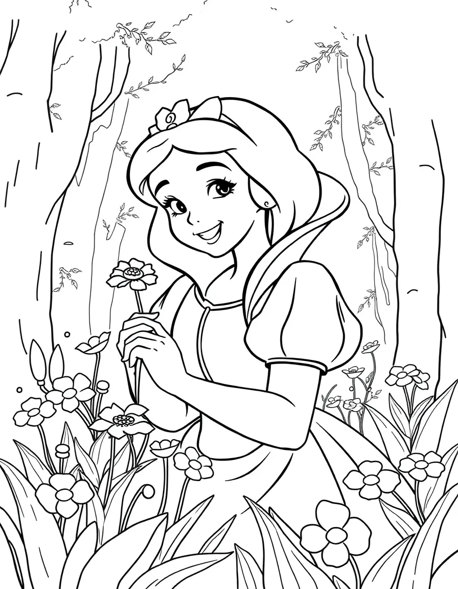Snow White picking flowers in the forest, with a happy expression.