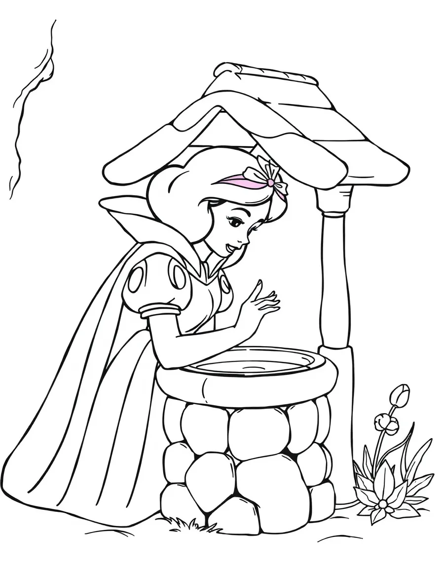 Snow White looking into the wishing well, making a secret wish.