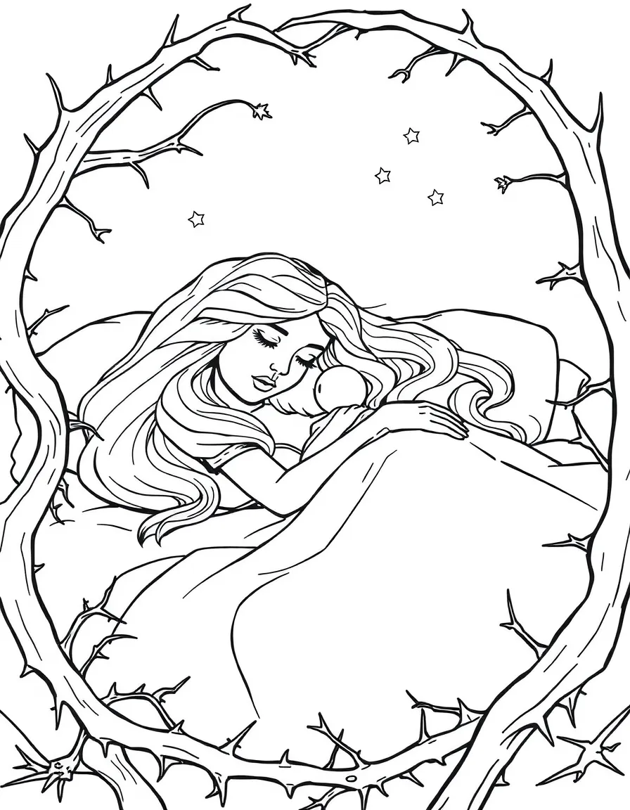 Aurora (Sleeping Beauty) sleeping peacefully in her bed, surrounded by thorns.