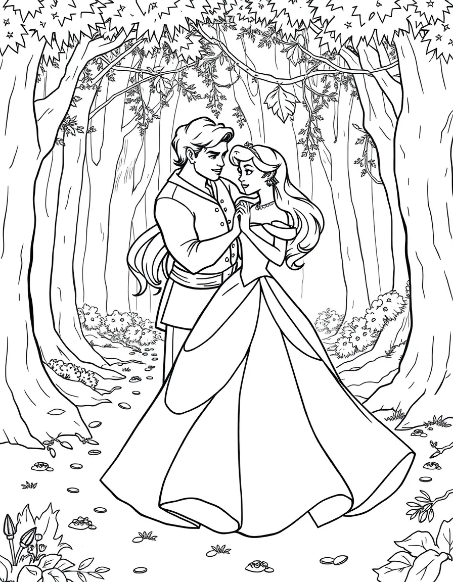 Aurora in her blue gown, dancing with Prince Phillip in the forest.