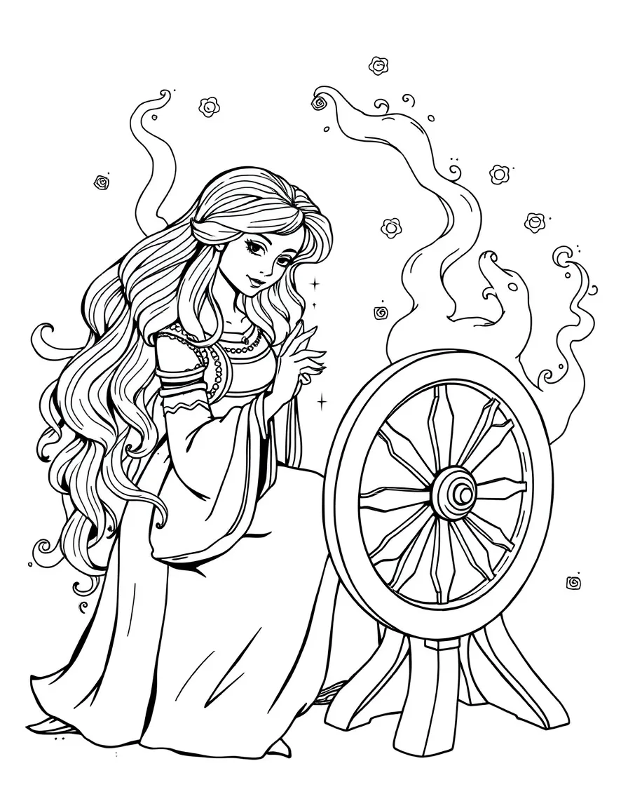 Aurora pricking her finger on the spinning wheel, surrounded by a magical mist.