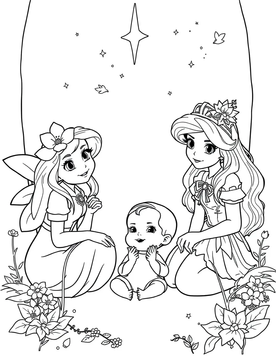Aurora being watched over by Flora, Fauna, and Merryweather as a baby.