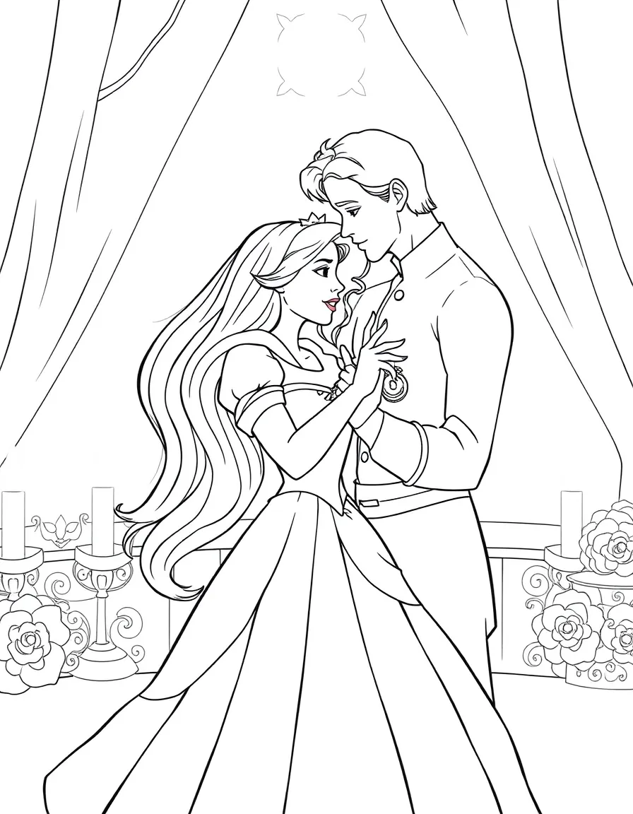 Aurora and Prince Phillip sharing a romantic dance after she wakes up.