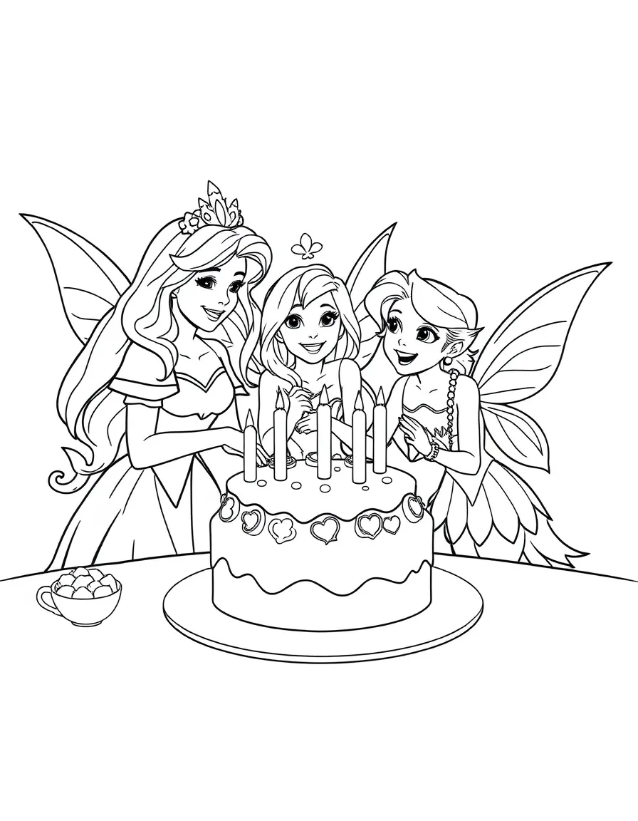 Aurora and the three fairies baking a lopsided cake, laughing together.