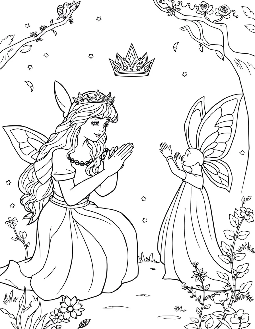 Aurora receiving her blessings from the good fairies, with a crown appearing.