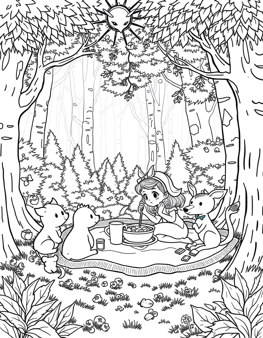 Aurora enjoying a picnic with her animal friends in a sun-dappled forest.