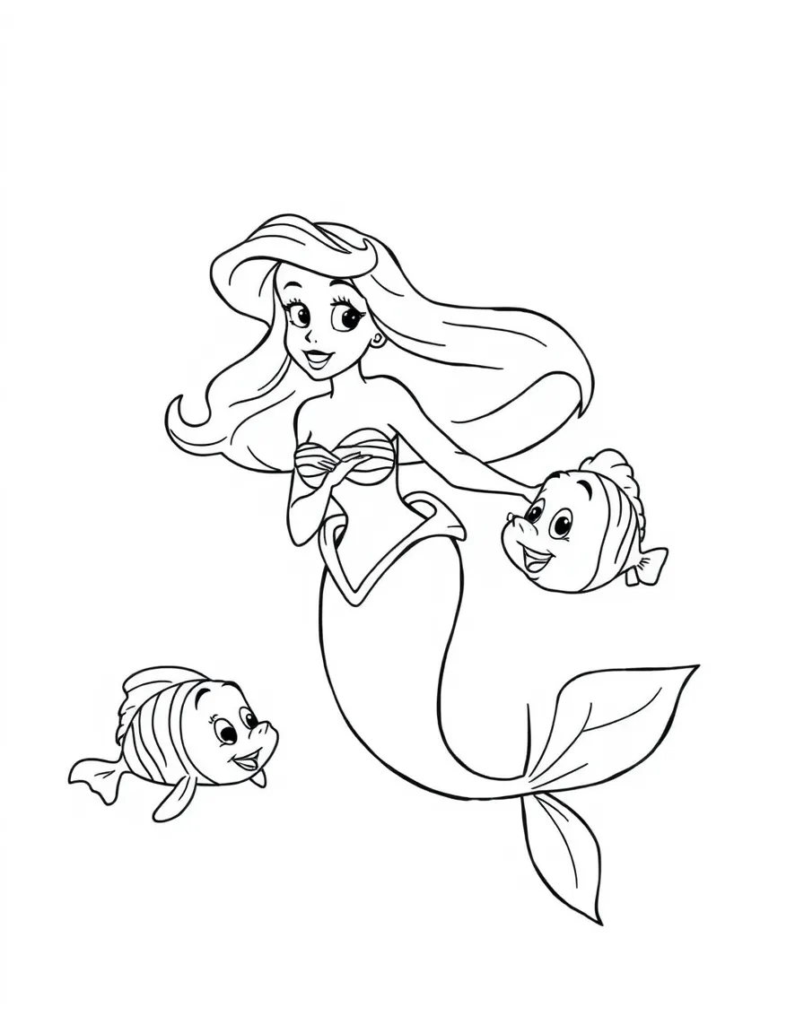 Ariel (The Little Mermaid) as a mermaid, swimming gracefully with Flounder and Sebastian.