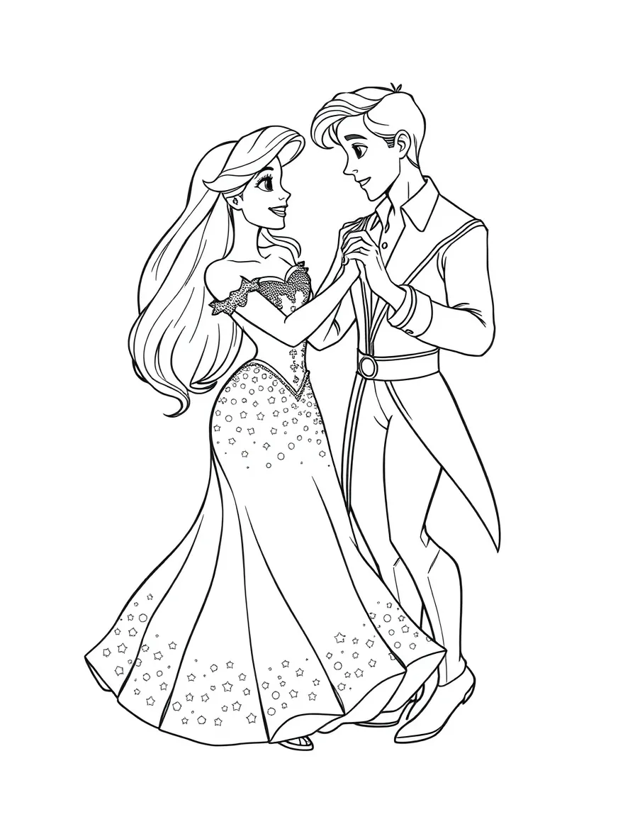 Ariel as a human, wearing her sparkling dress, dancing with Prince Eric.
