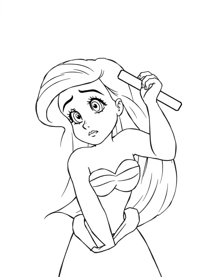 Ariel with her dinglehopper, trying to comb her hair, looking confused.