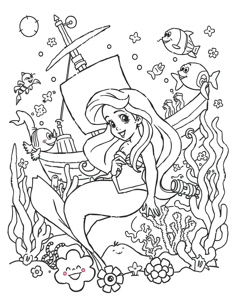 Ariel surrounded by colorful sea creatures, exploring a shipwreck.