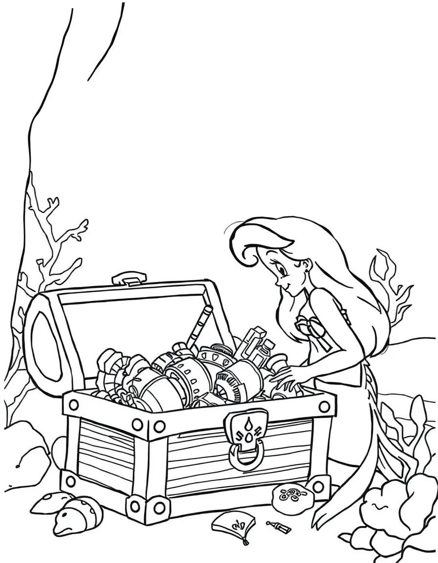 Ariel looking at a treasure chest filled with human objects.