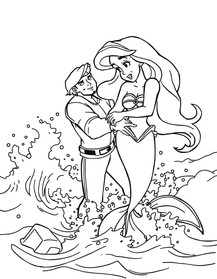 Ariel saving Prince Eric from the storm, pulling him to shore.