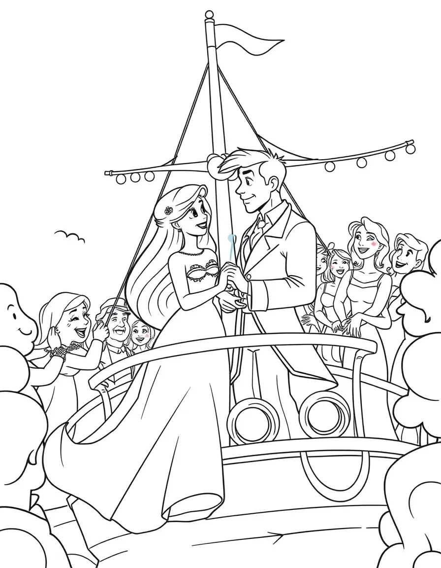 Ariel and Eric getting married on a ship, surrounded by happy guests.