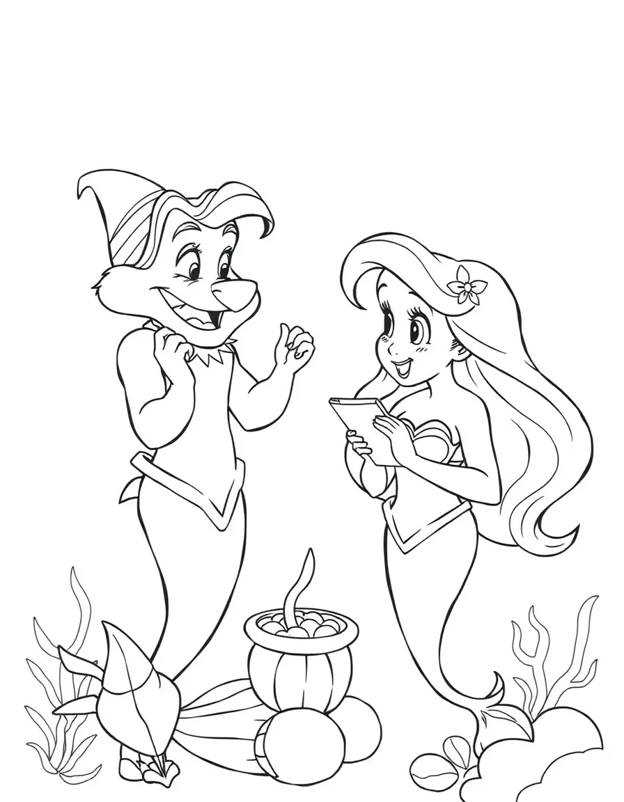 Ariel showing her treasures to Scuttle, looking excited.