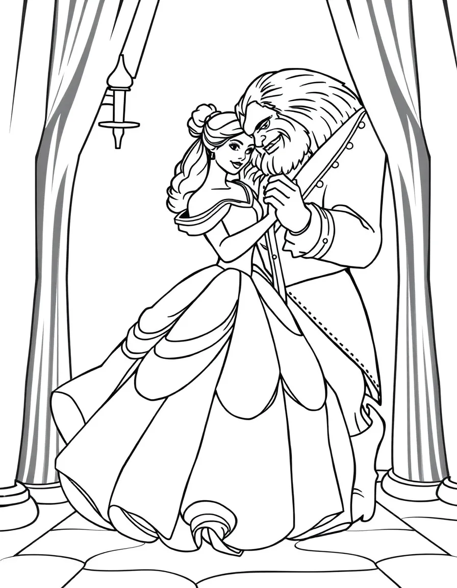 Belle (Beauty and the Beast) in her iconic yellow ball gown, dancing with the Beast.