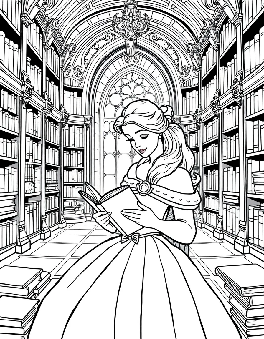 Belle reading a book in the Beast's grand library, surrounded by shelves of books.