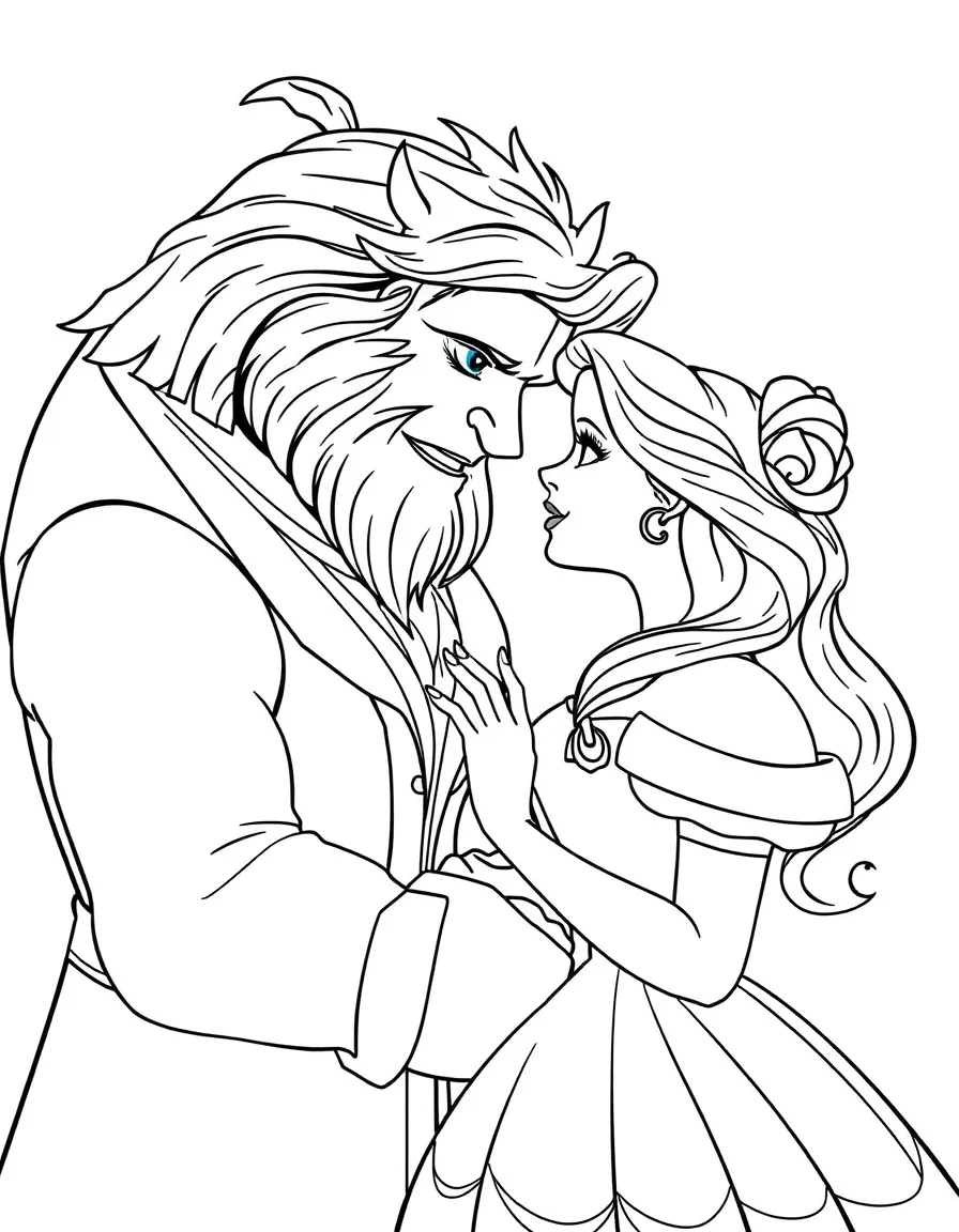 Belle and Beast sharing a tender moment, looking into each other's eyes.