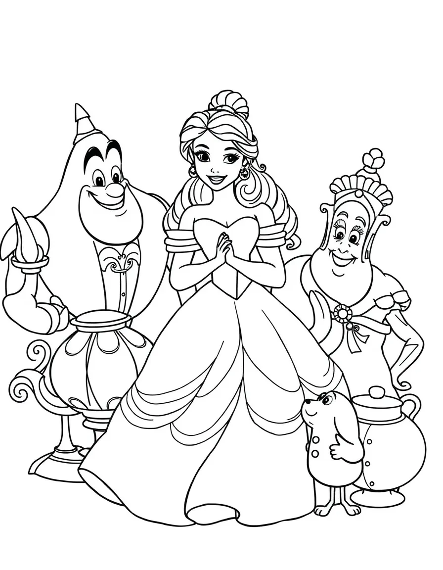 Belle surrounded by the enchanted objects (Lumiere, Cogsworth, Mrs. Potts, Chip), smiling.