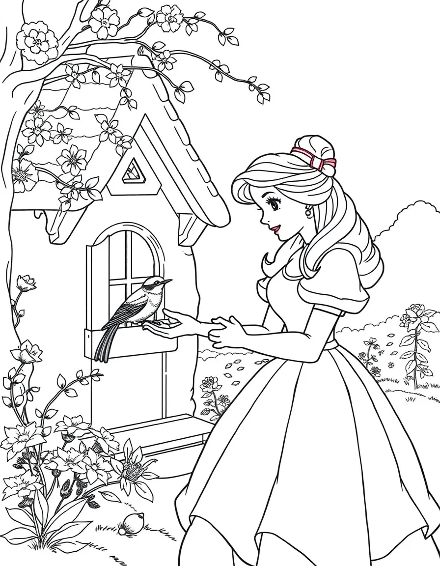 Belle feeding the birds outside her cottage, looking gentle and kind.