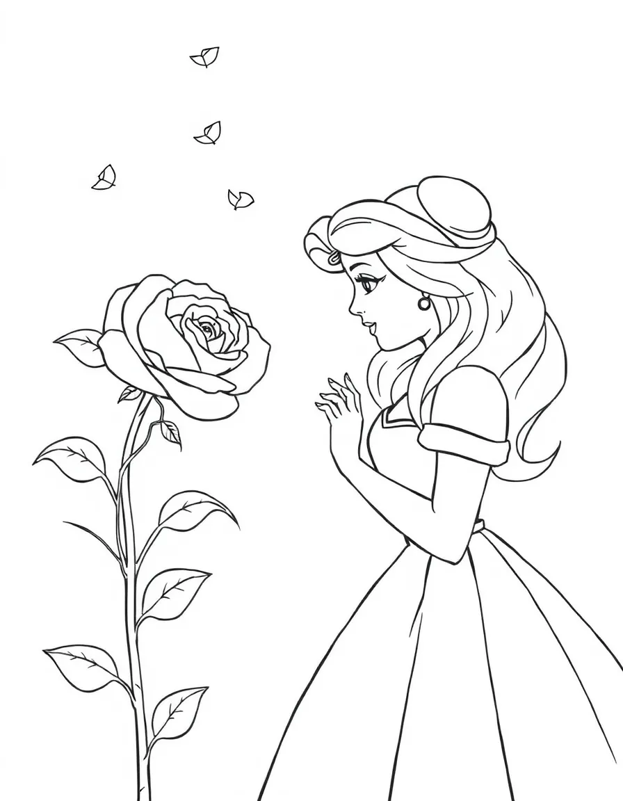 Belle looking at the enchanted rose, with petals slowly falling.