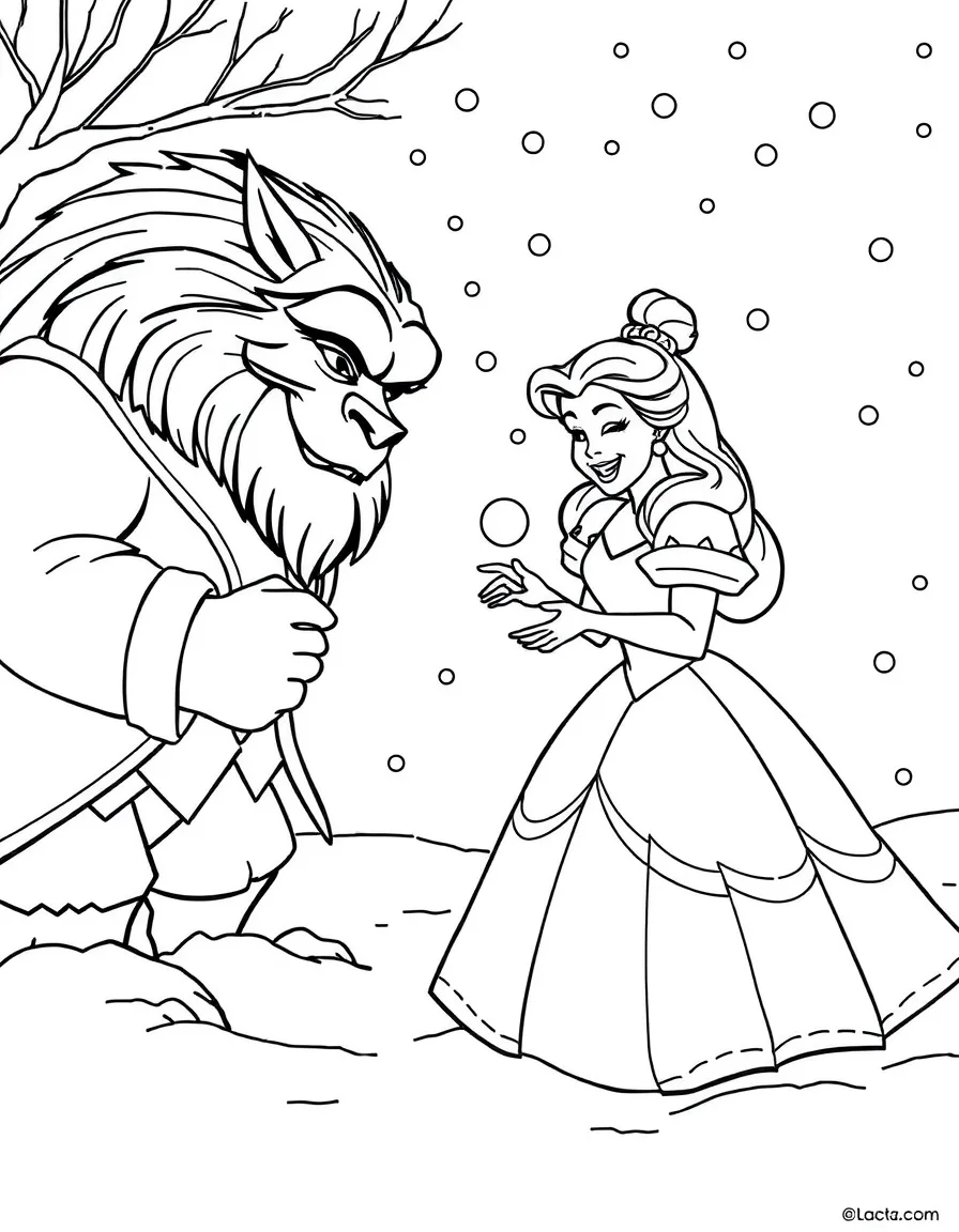 Belle and Beast playing in the snow, having a joyful snowball fight.