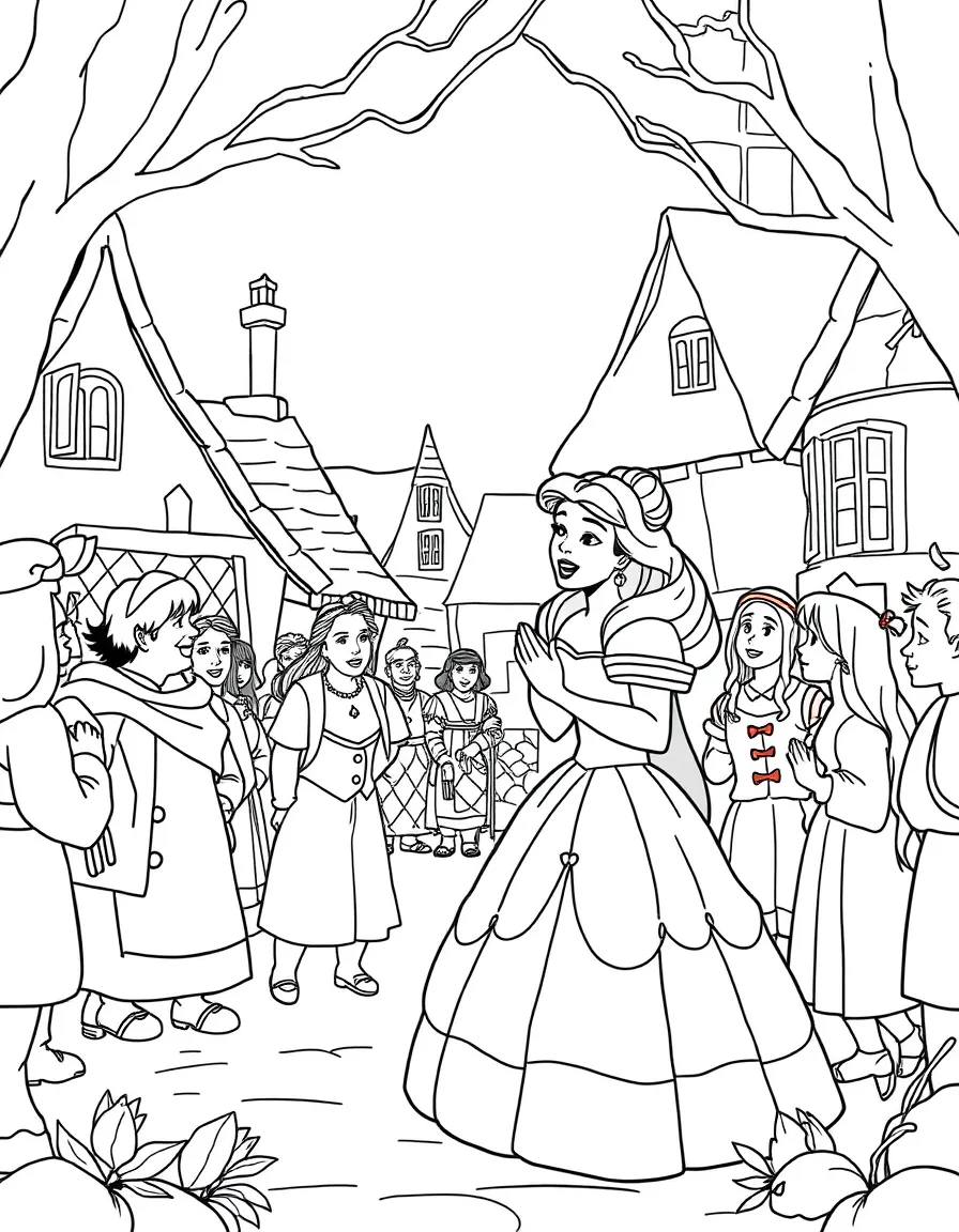 Belle singing "Bonjour" in her village, surrounded by townspeople.