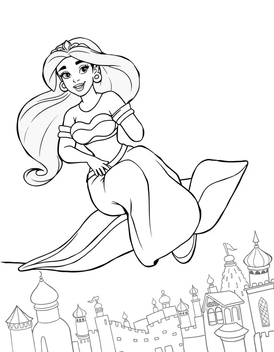 Jasmine (Aladdin) riding on a magic carpet with Aladdin, soaring over Agrabah.