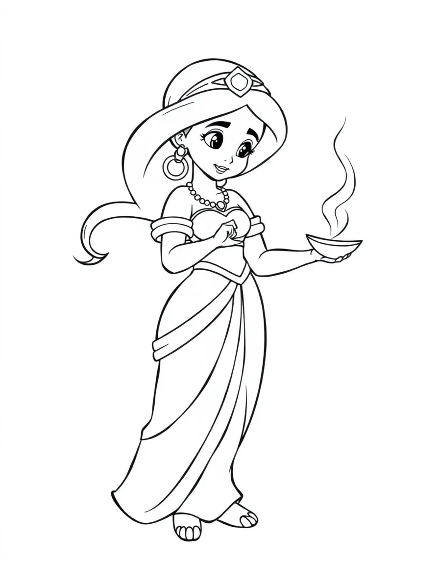 Jasmine in her turquoise outfit, holding a magic lamp and looking curious.