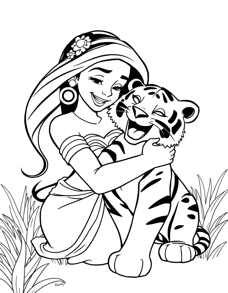 Jasmine playing with Raja, her pet tiger, laughing and hugging him.