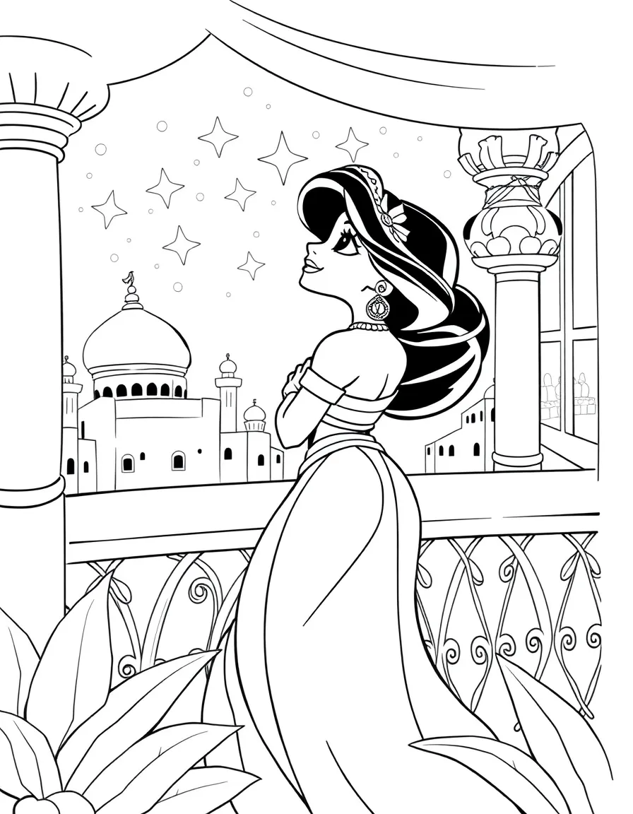 Jasmine on the balcony of the palace, looking up at the stars.