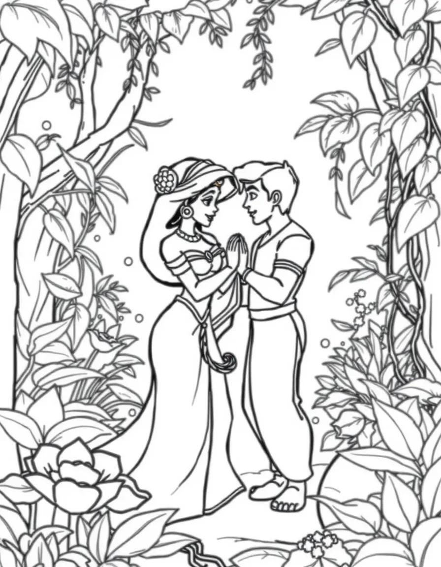 Jasmine and Aladdin sharing a romantic moment in a secret garden.