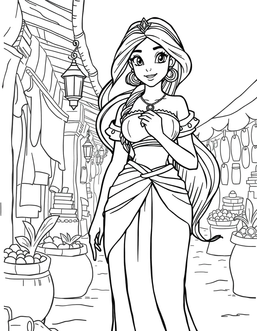 Jasmine dressed as a peasant, exploring the marketplace, looking for adventure.