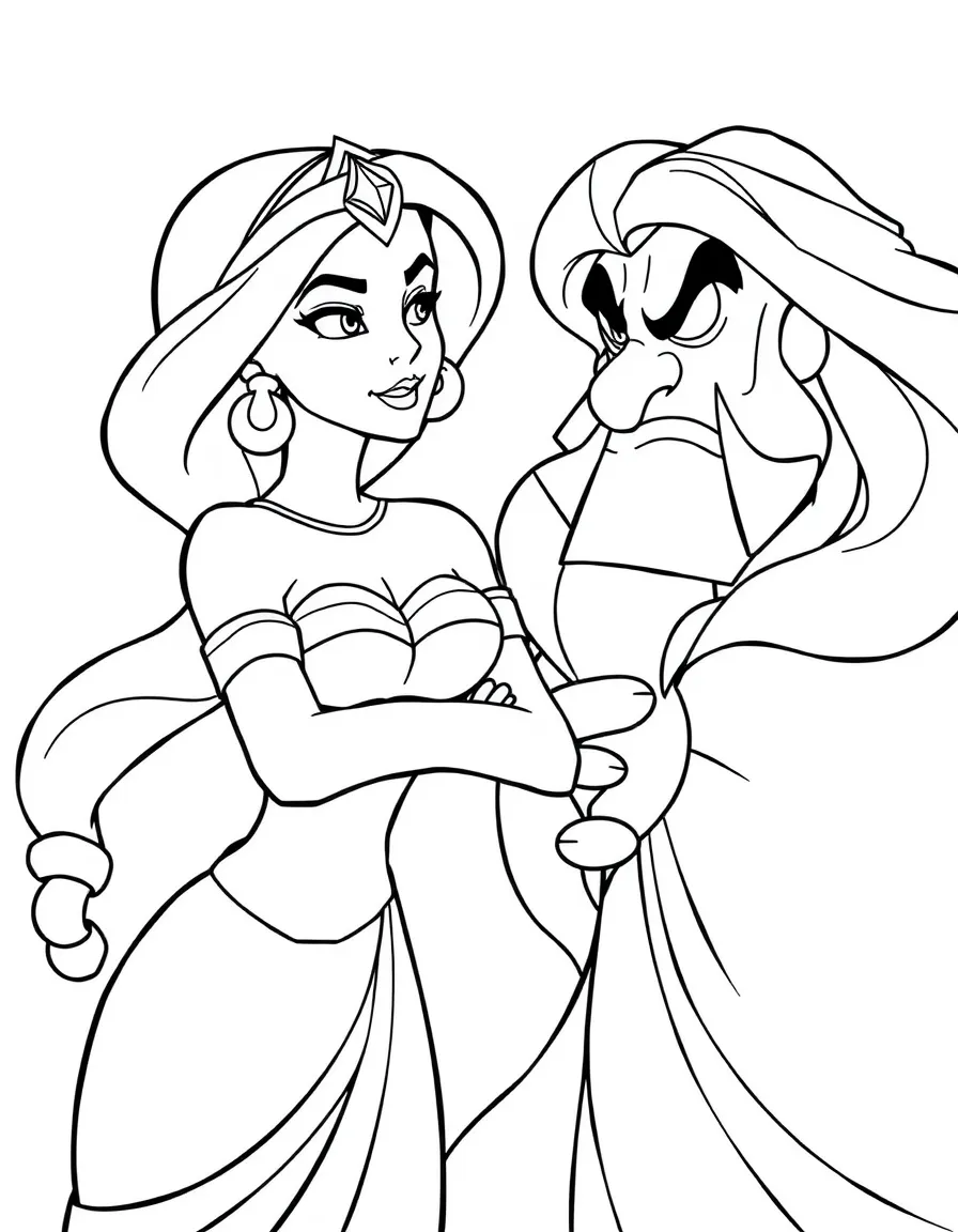 Jasmine looking defiant as Jafar tries to control her.