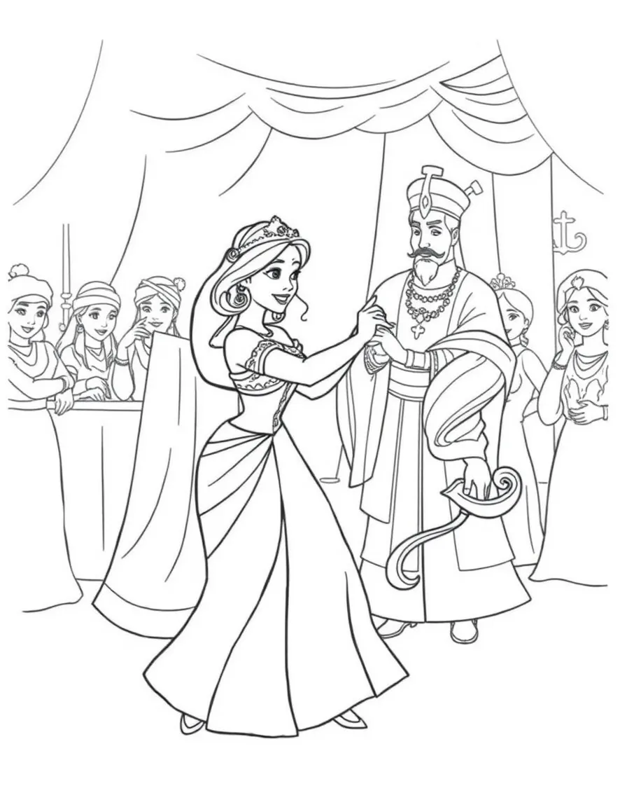Jasmine dancing at a royal celebration, with the Sultan watching proudly.