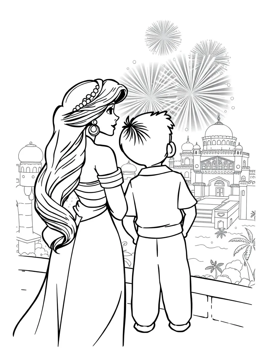 Jasmine and Aladdin looking out at the fireworks over Agrabah.